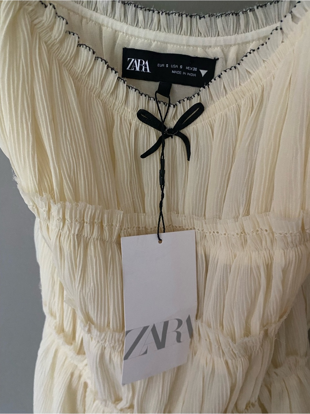 NWT ZARA Cream Ruched Babydoll Mini Dress Black Bow Cami Coquette Romantic Small - Picture 7 of 7